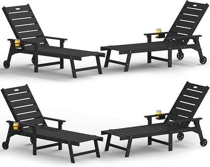 YEFU Lounge Chair Outdoor Set of 4: Outdoor Chaise Lounge with 5-Level Adjustable Backrest, Cup Holders & Wheels, All-Weather Resistance Chaise Lounge for Outside/Patio/Beach/Deck, Black