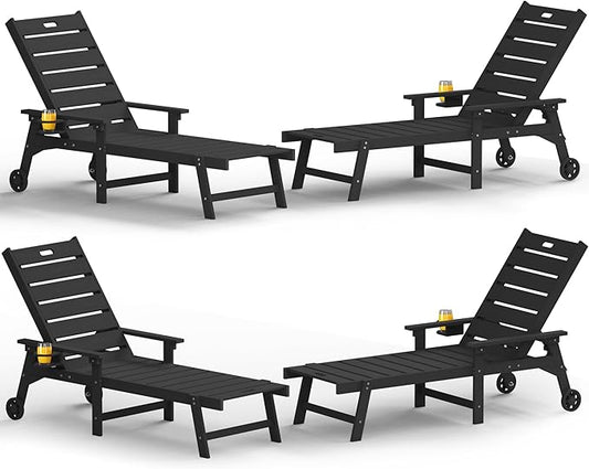 YEFU Lounge Chair Outdoor Set of 4: Outdoor Chaise Lounge with 5-Level Adjustable Backrest, Cup Holders & Wheels, All-Weather Resistance Chaise Lounge for Outside/Patio/Beach/Deck, Black