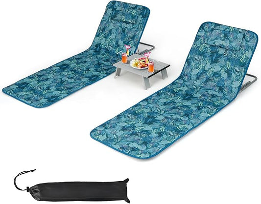 Tangkula 3 Pieces Beach Chairs for Adults, Lightweight Lawn Lounge Chairs with 5 Adjustable Recline Position, Zipper Pocket, Backpack 2 Pack Beach Chairs Set with Folding Side Table (Teal)