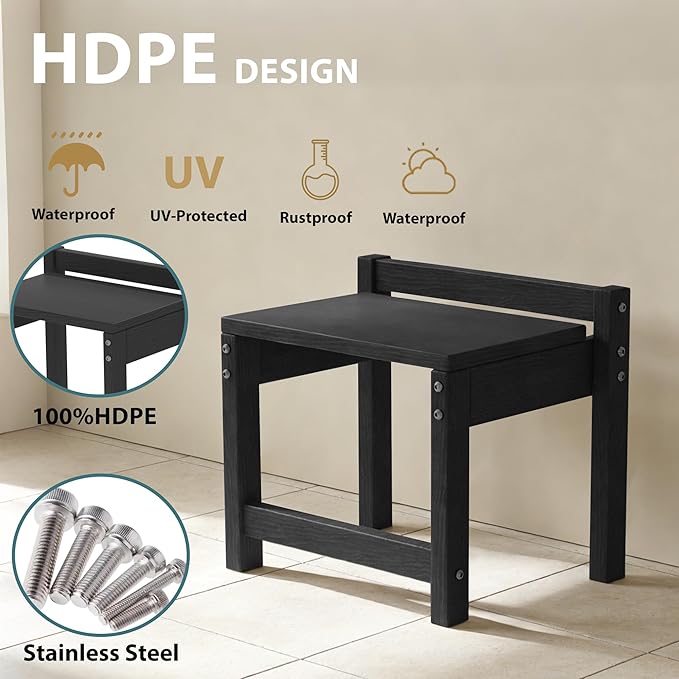Stackable HDPE Foot Stool - All-Weather Indoor/Outdoor Seating for Patio, Living Room & Bathroom, Waterproof Windproof Heavy-Duty High-Density PE Step Stool, 2 Sets, Black