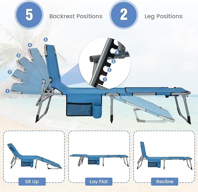GYMAX Tanning Chair, 330LBS Beach Lounge Chair with Face Arm Hole & Hand Shoulder Strap, Folding Layout Sunbathing Chair, Face Down Outdoor Chaise Lounger for Patio, Poolside, Lawn, Backyard (2, Blue)