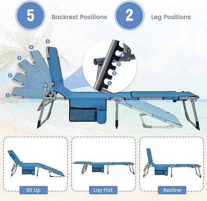 GYMAX Tanning Chair, 330LBS Beach Lounge Chair with Face Arm Hole & Hand Shoulder Strap, Folding Layout Sunbathing Chair, Face Down Outdoor Chaise Lounger for Patio, Poolside, Lawn, Backyard (1, Blue)