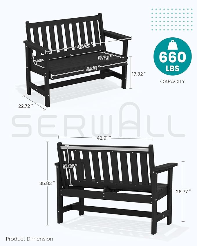 SERWALL Outdoor Bench, HDPE Outdoor Benches Weatherproof, 2-Person Garden Bench with 660 lbs Weight Capacity - Photo 3