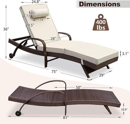 NOBLEMOOD Outdoor Lounge Chairs Set of 4 Beach Wicker Chaise Lounge with Wheels, Cushion, Adjustable Backrest and Pillow for Outside Pool Sun Shelf Tanning Bathing (Khaki)
