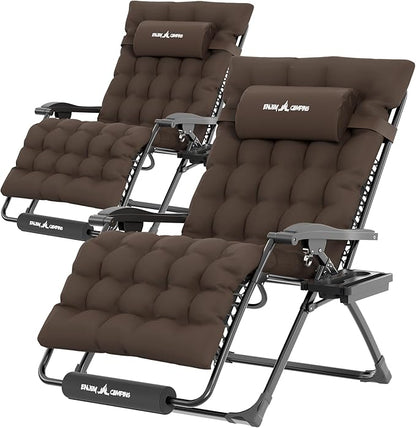 UDPATIO Oversized Zero Gravity Chair Set of 2, 33In XXL Patio Reclining Chair with Cushion, Outdoor Folding Recliner with Pillows|Cup Holder|Foot Rest|Padded Headrest, Brown Grey, Support 500LB