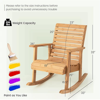 Giantex Wood Rocking Chair Outdoor - Outside Rocker with High Backrest, Wide Armrests, 330 Lbs Weight Capacity, Patio Rocking Chairs for Lawn, Backyard, Indoors, Deck, Garden, Porch Chair (1, Natural)