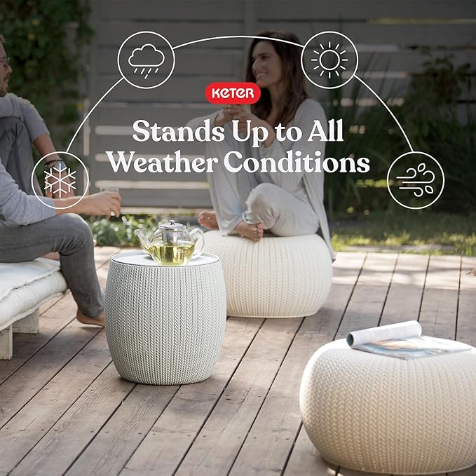 Keter Urban Knit Pouf Ottoman Set of 2 with Storage Table for Patio and Room Décor - Perfect for Balcony, Deck - Photo 4