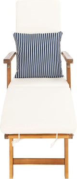 SAFAVIEH Outdoor Collection Palmdale Natural Brown Solid Wood/Beige Cushion with Striped Pillow Chaise Lounge Chair - Photo 1