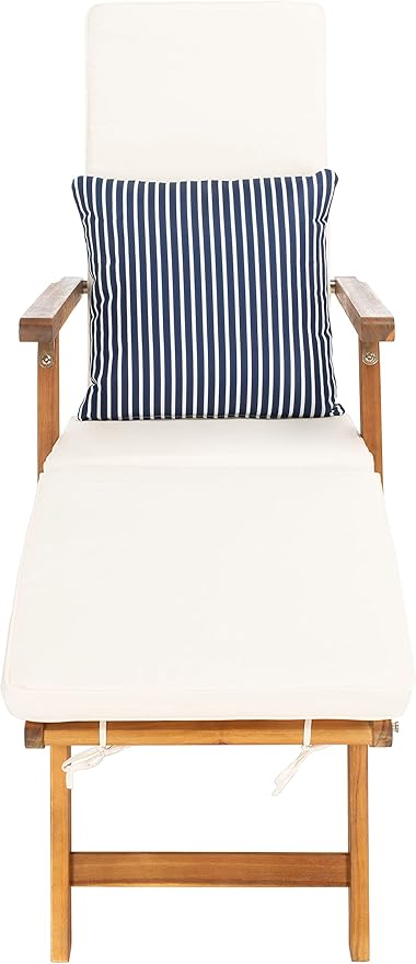 SAFAVIEH Outdoor Collection Palmdale Natural Brown Solid Wood/Beige Cushion with Striped Pillow Chaise Lounge Chair (PAT7015E)
