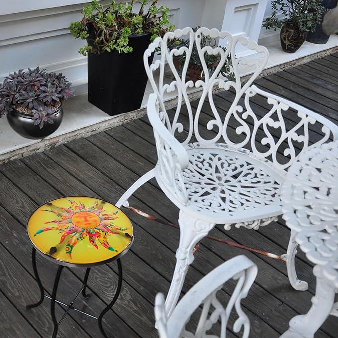 Patio Side Table Outdoor Metal Accent Table Round Glass Balcony Plant End Table Garden Lawn Indoor Coffee Table