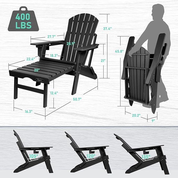 FUNBERRY Adjustable Folding Adirondack Chairs Set of 4 with Retractable Ottoman, All Weather Fire Pit Chairs with Cup Holder