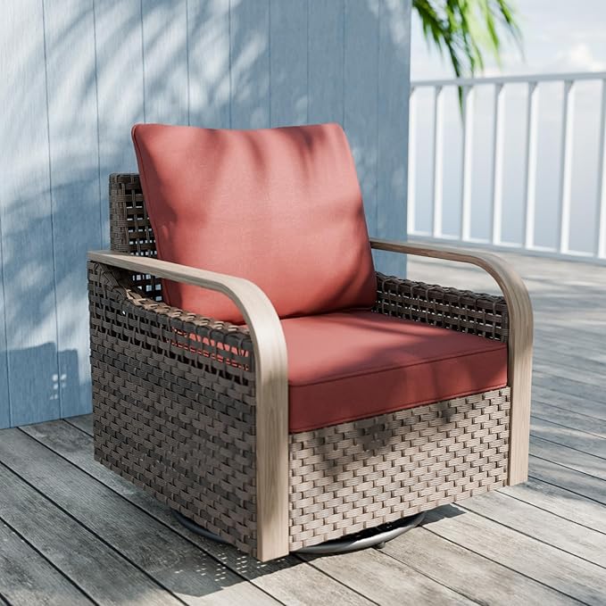 Modern Wicker Outdoor Swivel Rocking Chair, Rattan Glider Rocker Chair Patio Armchair for Backyard, Deck, Porch, Garden, 1 Piece, Brown/Red