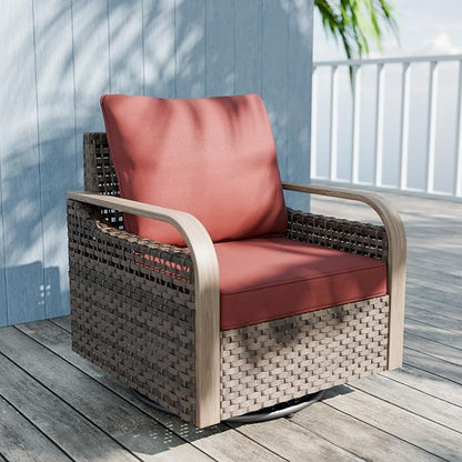 Modern Wicker Outdoor Swivel Rocking Chair, Rattan Glider Rocker Chair Patio Armchair for Backyard, Deck, Porch, Garden, 1 Piece, Brown/Red