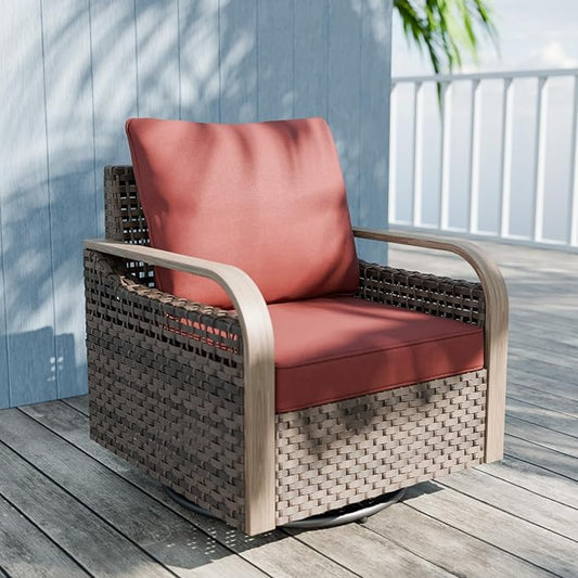 Modern Wicker Outdoor Swivel Rocking Chair, Rattan Glider Rocker Chair Patio Armchair for Backyard, Deck, Porch, Garden, 1 Piece, Brown/Red