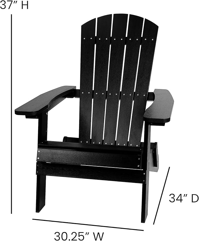 Flash Furniture Charlestown Folding Adirondack Chair - Black - Poly Resin - Indoor/Outdoor - Weather Resistant - Set of 2