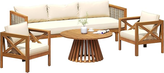 Merax Outdoor 4-Piece Acacia Wood Conversation Set - Patio 3-Seat Loveseat Sofa w/Coushion - Photo 3