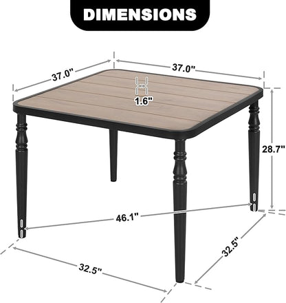 NUU GARDEN 37" Square Outdoor Dining Table, Metal Dining Table with Umbrella Hole, Wood-Grain Tabletop, Weather-Resistant for Garden, Backyard, Deck, Lawn