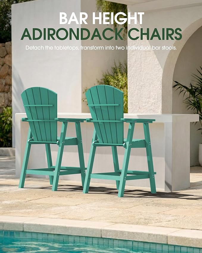 Tall Adirondack Chairs Set of 4, HDPE High Adirondack Chairs with Double Removable Trays, All Weather Outdoor Barstools for Patio, Balcony, Backyard, Deck and Garden, Lakeblue