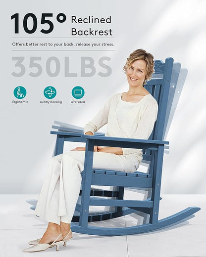 SERWALL Oversized Rocking Chair, HDPE Outdoor Rocking Chairs Set of 4, Patio Rocking Chair Sets for Adults, Blue