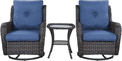 Rilyson Wicker Rocking Chair Swivel Chairs - 3 Piece Rocker Patio Furniture Set Rattan Rocking Bistro Sets with Glass Top Side Table for Outdoor Porch Deck Garden Backyard (Brown/Blue)