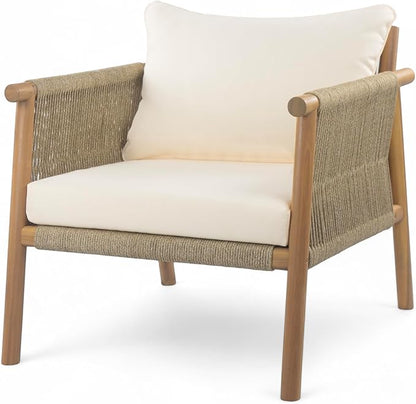 Christopher Knight Home Posey Modern Patio Wooden Club Chair with Rope Woven Armrest&Backrest, Outdoor Lounge Chair with Weather-Resistant Removable Cushions, Deep Seating Accent Chair, Teak+Beige
