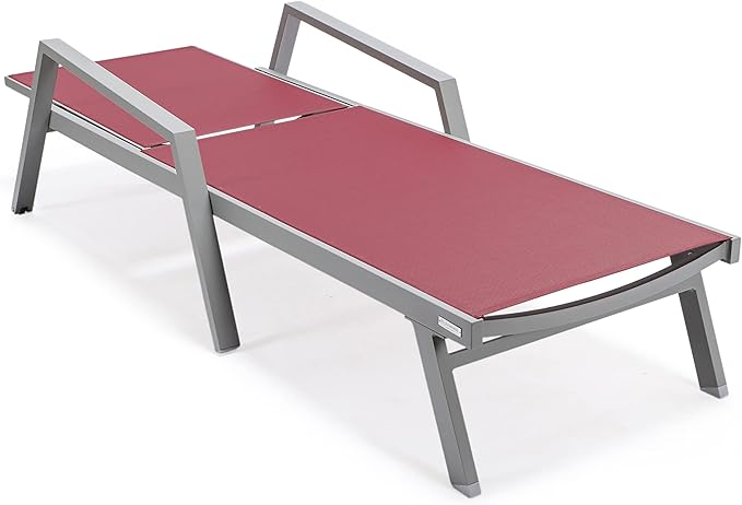 LeisureMod Marlin Patio Chaise Lounge Chair, Adjustable Outdoor Grey Aluminum Lounge with Breathable Mesh Sling Back, Lightweight Poolside Reclining Sun Lounger Weather & UV Resistant (Burgundy)