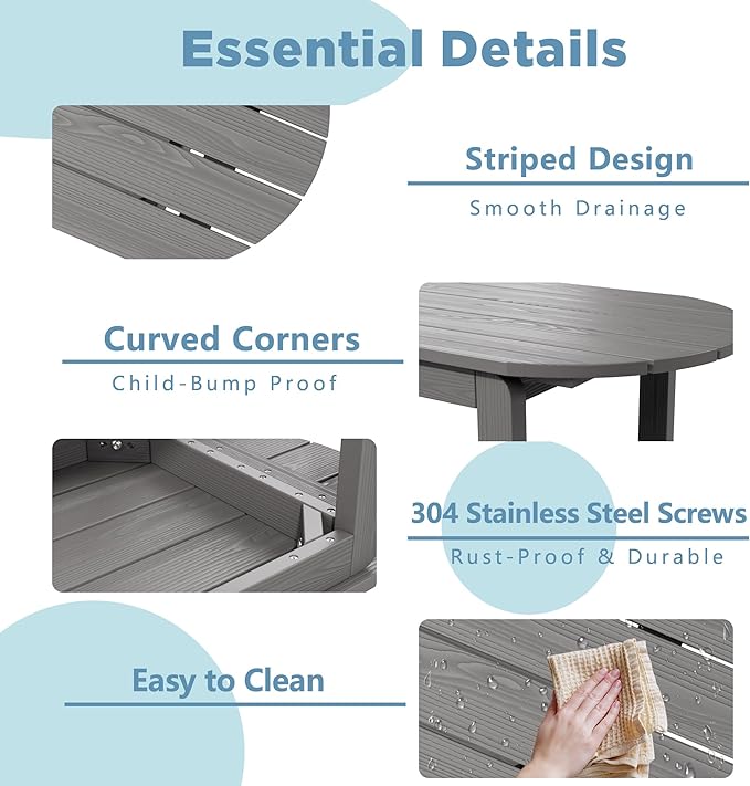 HIPS Coffee Table with Rounded Curved Sides Indoor Outdoor, Rustic Wood Desktop Easy Assembly Farmhouse Style, Suitable for Home Office Use. (Grey)