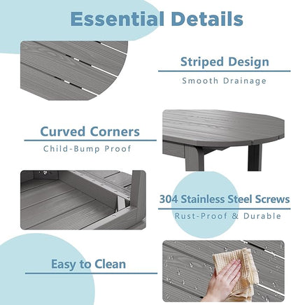 HIPS Coffee Table with Rounded Curved Sides Indoor Outdoor, Rustic Wood Desktop Easy Assembly Farmhouse Style, Suitable for Home Office Use. (Grey)