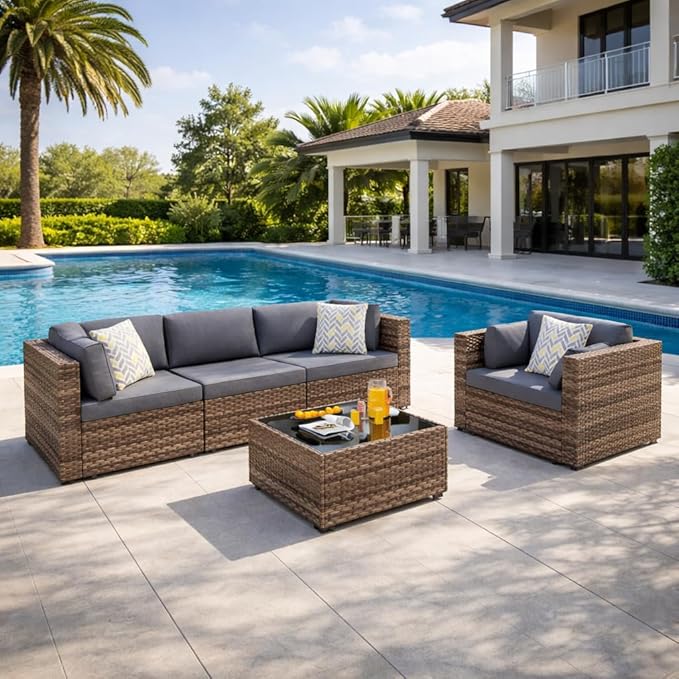 SUNLEI 5 Piece Patio Furniture Sets, Low Back All-Weather Rattan Sectional Sofa with Tea Table&Washable Couch Cushions - Photo 4