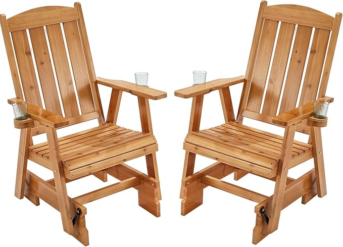 HOMREST Wooden Patio Glider Chair Set of 2 with Cup Holders Heavy Duty 700LBS Outdoor Rocking Chair with Ergonomic Deep - Photo 1