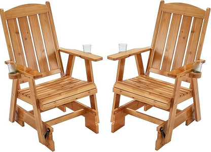 HOMREST Wooden Patio Glider Chair Set of 2 with Cup Holders Heavy Duty 700LBS Outdoor Rocking Chair with Ergonomic Deep Contoured Seat and High Roll Back for Porch Garden Balcony (Brown)