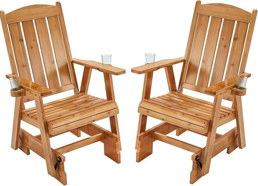 HOMREST Wooden Patio Glider Chair Set of 2 with Cup Holders Heavy Duty 700LBS Outdoor Rocking Chair with Ergonomic Deep Contoured Seat and High Roll Back for Porch Garden Balcony (Brown)