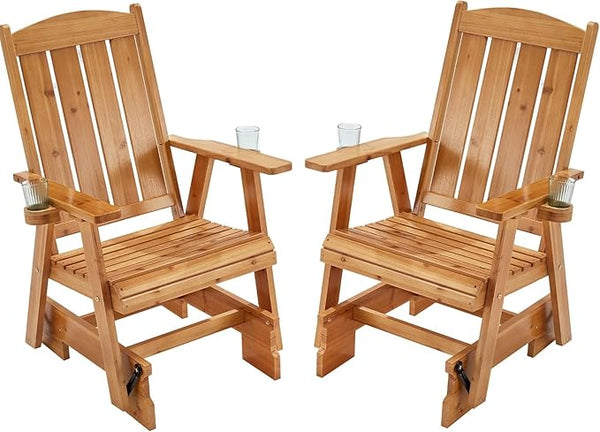 HOMREST Wooden Patio Glider Chair Set of 2 with Cup Holders Heavy Duty 700LBS Outdoor Rocking Chair with Ergonomic Deep - Photo 1