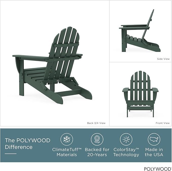 POLYWOOD AD5030GR Classic Folding Adirondack Chair, 38.5" x 31.25" x 33.5", Green