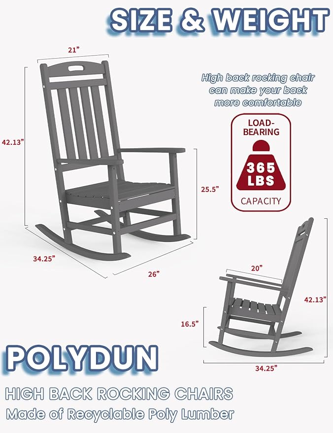 Outdoor Rocking Chair Set of 2, High Back HDPE Patio Chair, All Weather Porch Rocker, Lawn Chair for Deck, Porch, Backyard, Garden, Gray