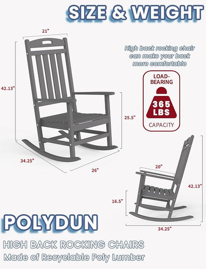 Outdoor Rocking Chair Set of 2, High Back HDPE Patio Chair, All Weather Porch Rocker, Lawn Chair for Deck, Porch, Backyard, Garden, Gray