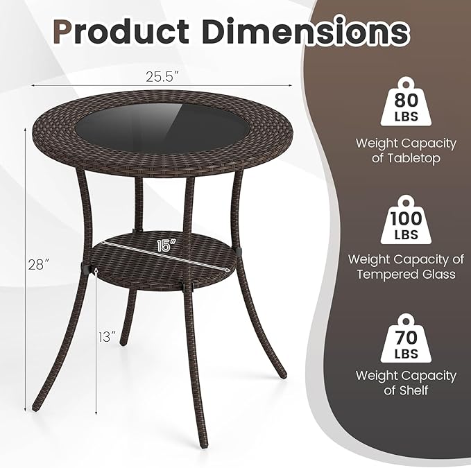 Giantex Round Rattan Wicker Outdoor Coffee Table Glass Top Steel Frame Patio Furniture W/Lower Shelf (Round)