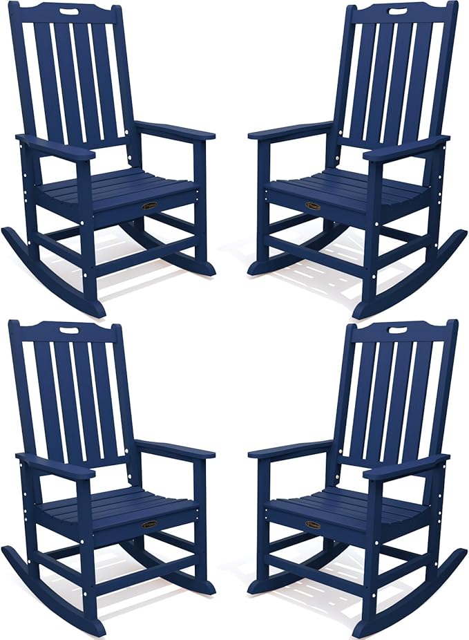 Oversized Rocking Chair Set of 4, Outdoor Rocking Chair for Adults, All Weather Resistant Porch Rocker for Lawn Garden, Navy Blue