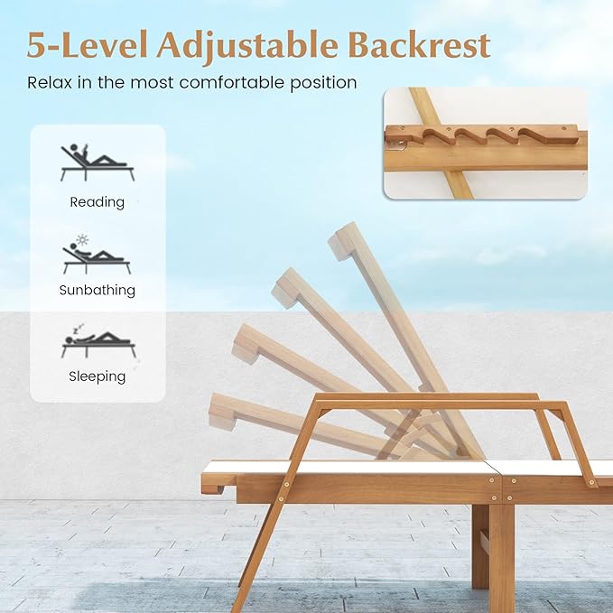 Tangkula Outdoor Wood Chaise Lounge Chair, Patio Sun Lounger with Adjustable Back, Eucalyptus Wood Lounge Chair with Breathable Fabric for Poolside Lawn Backyard (1, 75.5 inches)