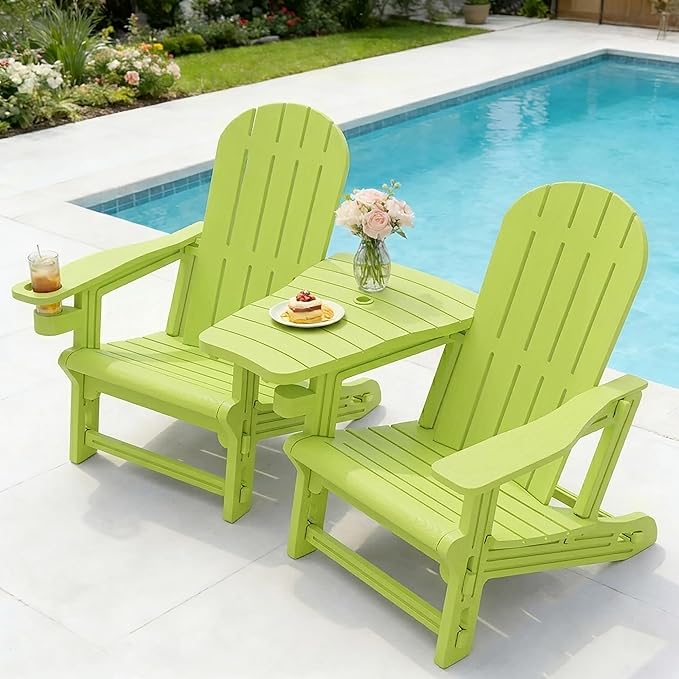 Vongrasig Adirondack Chairs Set of 2 with Removable Tabletop, All-Weather HDPE Outdoor Chair Set with Wooden Textured, Cup Holder for Patio, Poolside, Deck, Garden, Green
