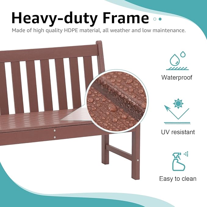 COBANA Outdoor Garden Bench, All Weather HDPE Patio Porch Bench with Faux Wood Grain Pattern, 2-Person Seat for Lawn, Park, Backyard, Entryway, Brown
