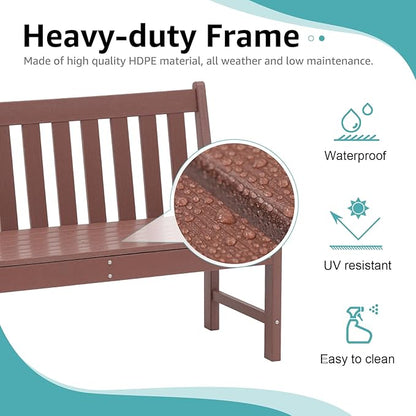 COBANA Outdoor Garden Bench, All Weather HDPE Patio Porch Bench with Faux Wood Grain Pattern, 2-Person Seat for Lawn, Park, Backyard, Entryway, Brown