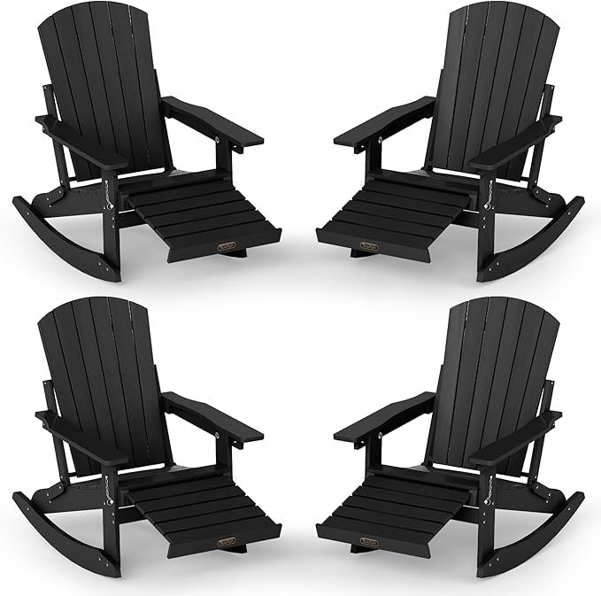 Adirondack Rocking Chair with Retractable Ottoman Set of 4, 4-in-1 Foldable Reclining Patio Chair, HDPE Wood-Look Outdoor Rocker for Porch, Garden & Poolside, Black