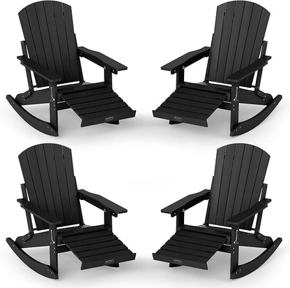 Adirondack Rocking Chair with Retractable Ottoman Set of 4, 4-in-1 Foldable Reclining Patio Chair, HDPE Wood-Look Outdoor Rocker for Porch, Garden & Poolside, Black