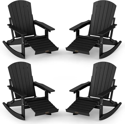 Adirondack Rocking Chair with Retractable Ottoman Set of 4, 4-in-1 Foldable Reclining Patio Chair, HDPE Wood-Look Outdoor Rocker for Porch, Garden & Poolside, Black
