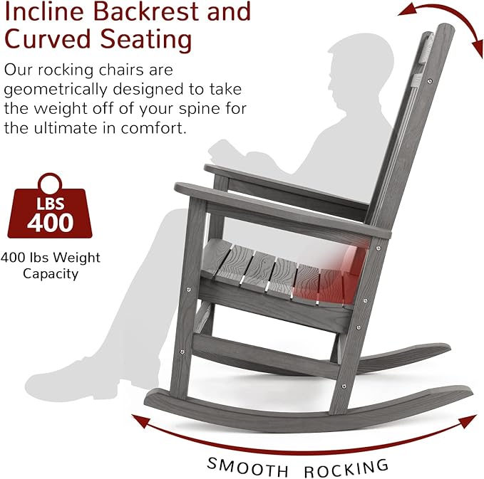 Stoog All-Weather Outdoor & Indoor Rocking Chairs Set of 2 with Table, 3 Piece Front Porch Rocker Set, 400Lbs Support Porch Rocker for Backyard, Lawn, Garden and Fire Pit, Grey