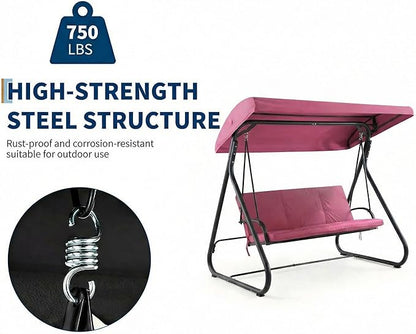 3-Seat Outdoor Convertible Swing Glider with Adjustable Canopy, 2-in-1 Bench to Flat Bed, Removable Cushions, Heavy-Duty Metal Frame, 750 LBS Weight Capacity for Patio, Backyard, Porch, Garden, Red