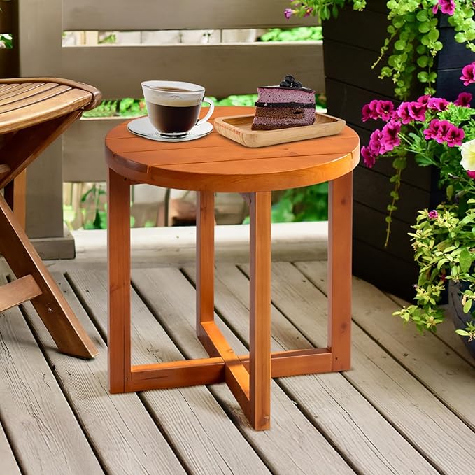 VINGLI Solid Wood Outdoor Side Table, Weather-Resistant Round Patio End Accent Table for Garden, Balcony, Porch, Natural