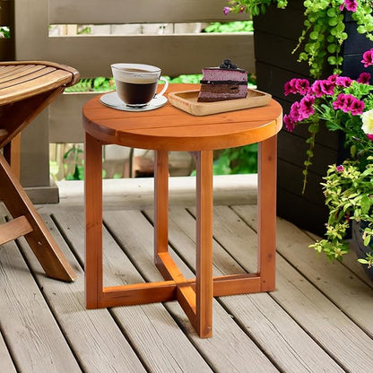 VINGLI Solid Wood Outdoor Side Table, Weather-Resistant Round Patio End Accent Table for Garden, Balcony, Porch, Natural