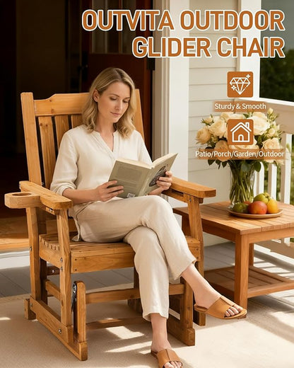 Outvita Patio Glider with Cup Holders Set of 2, Wooden Outdoor Glider Bench with High Roll Back & Deep Contoured Seat, Smooth Porch Glider Chair Heavy Duty 600 Lbs, Teak Brown